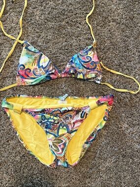 BECCA Yellow Multicolor Paisley Triangle Bikini